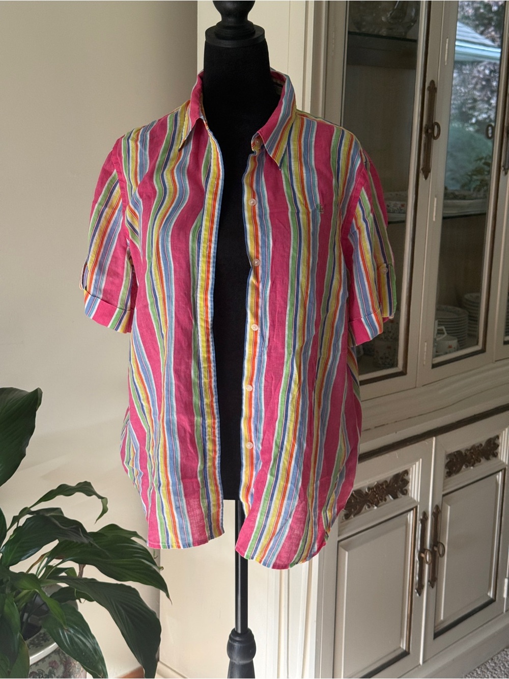 Ralph Lauren Pink Multi-Stripe Short Sleeve Button-Down Shirt